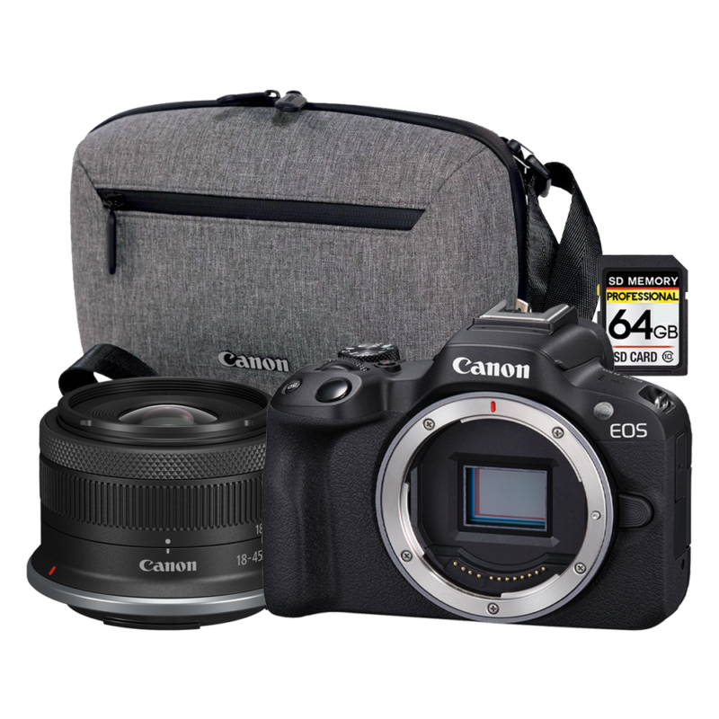 Canon EOS R50 Travel Kit (Black) (RF-S 18-45mm + CB-TS100 Shoulder Bag+64GB SD)